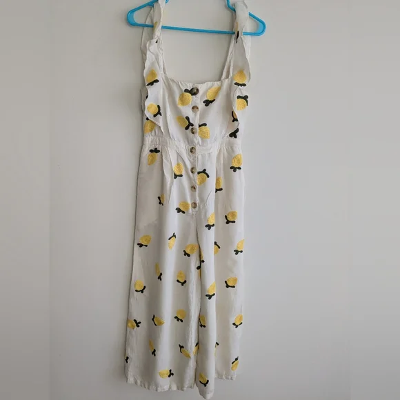 Anthropologie Red Carter Embroidered Lemon Ruffle Wide leg Flare Jumpsuit SMALL - Picture 3 of 15
